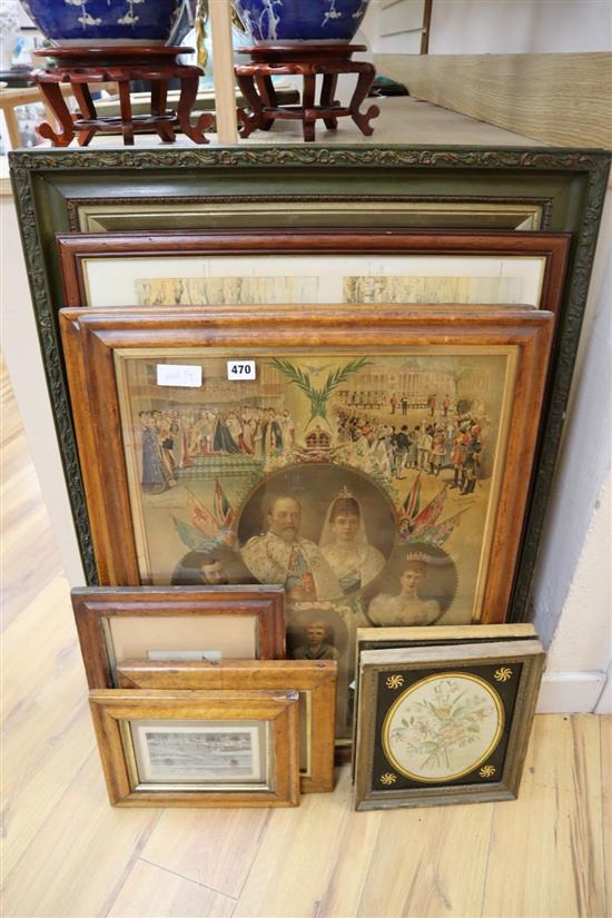 Various Victorian prints including views of Malvern, Royal Commemoratives together with a pair of verre eglomise framed